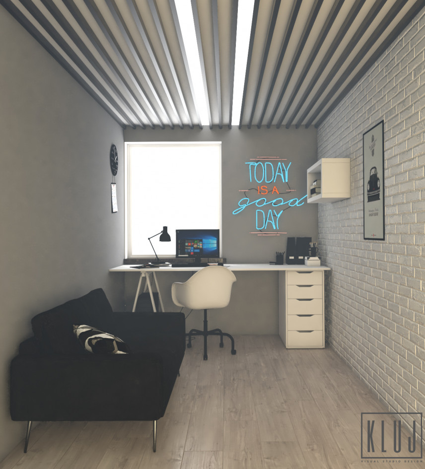 Projekt pokoju studenta z jasną cegłą na ścianie