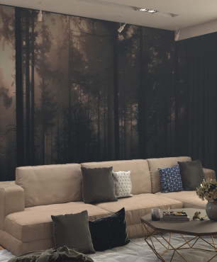 Nowoczesny salon z tapetą z motywem lasu na ścianie oraz z beżowym narożnikiem