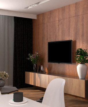 Salon z imitacja drewnianych dużych płyt na ścianie