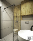 Łazienka z imitacja betonowych i drewnianych płytek na ścianie i podłodze oraz z prysznicem