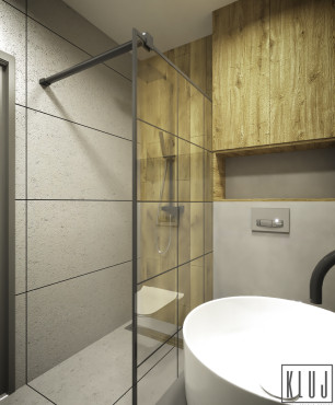 Łazienka z imitacja betonowych i drewnianych płytek na ścianie i podłodze oraz z prysznicem