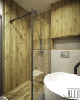 Łazienka z prysznicem walk-in z imitacją drewnianych płytek na ścianie i podłodze