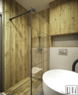 Łazienka z prysznicem walk-in z imitacją drewnianych płytek na ścianie i podłodze