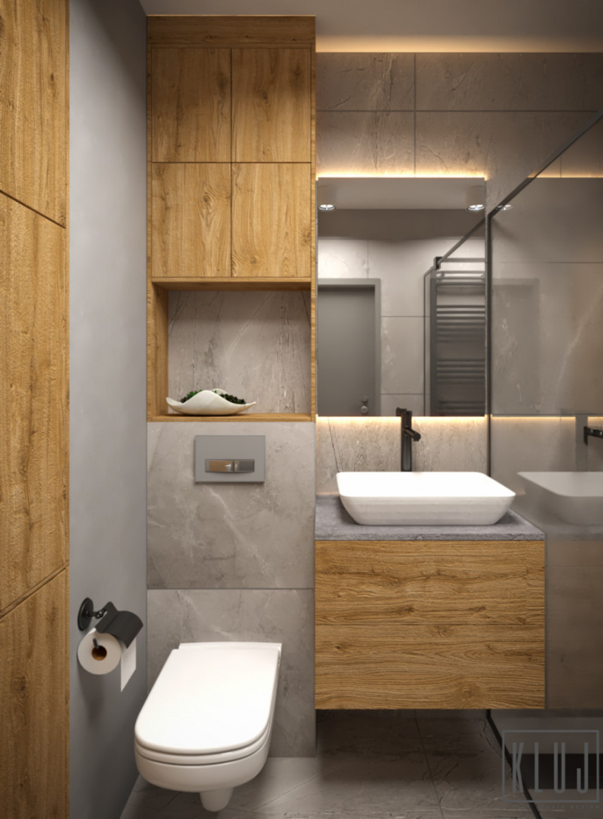 Projekt łazienki w stylu nowoczesnym z pralką w zabudowie