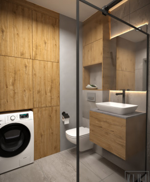 Łazienka z pralką, prysznicem oraz prostokątnym zlewem nablatowym