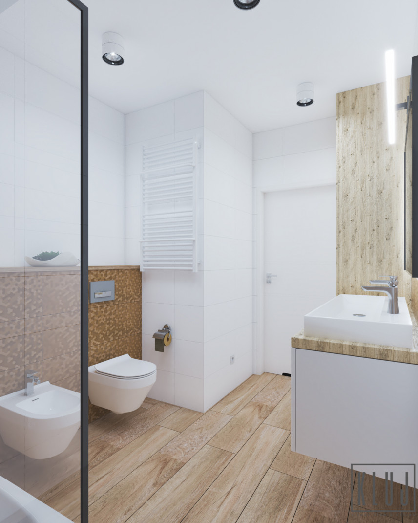 Projekt łazienki z bidetem oraz z imitacją paneli na podłodze