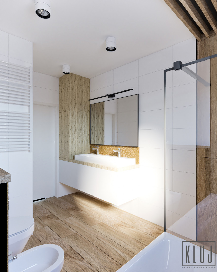 Projekt łazienki z szafkami oraz z dużym, prostokątnym lustrem