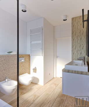 Projekt łazienki z białym kaloryferem oraz imitacją drewnianych paneli na podłodze