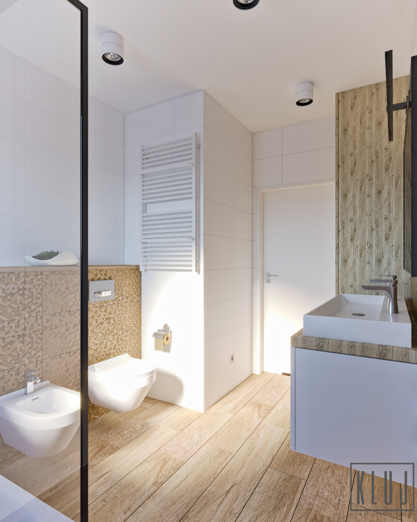 Projekt łazienki z białym kaloryferem oraz imitacją drewnianych paneli na podłodze