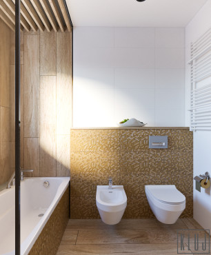 Projekt łazienki w stylu skandynawskim z lamelem na suficie