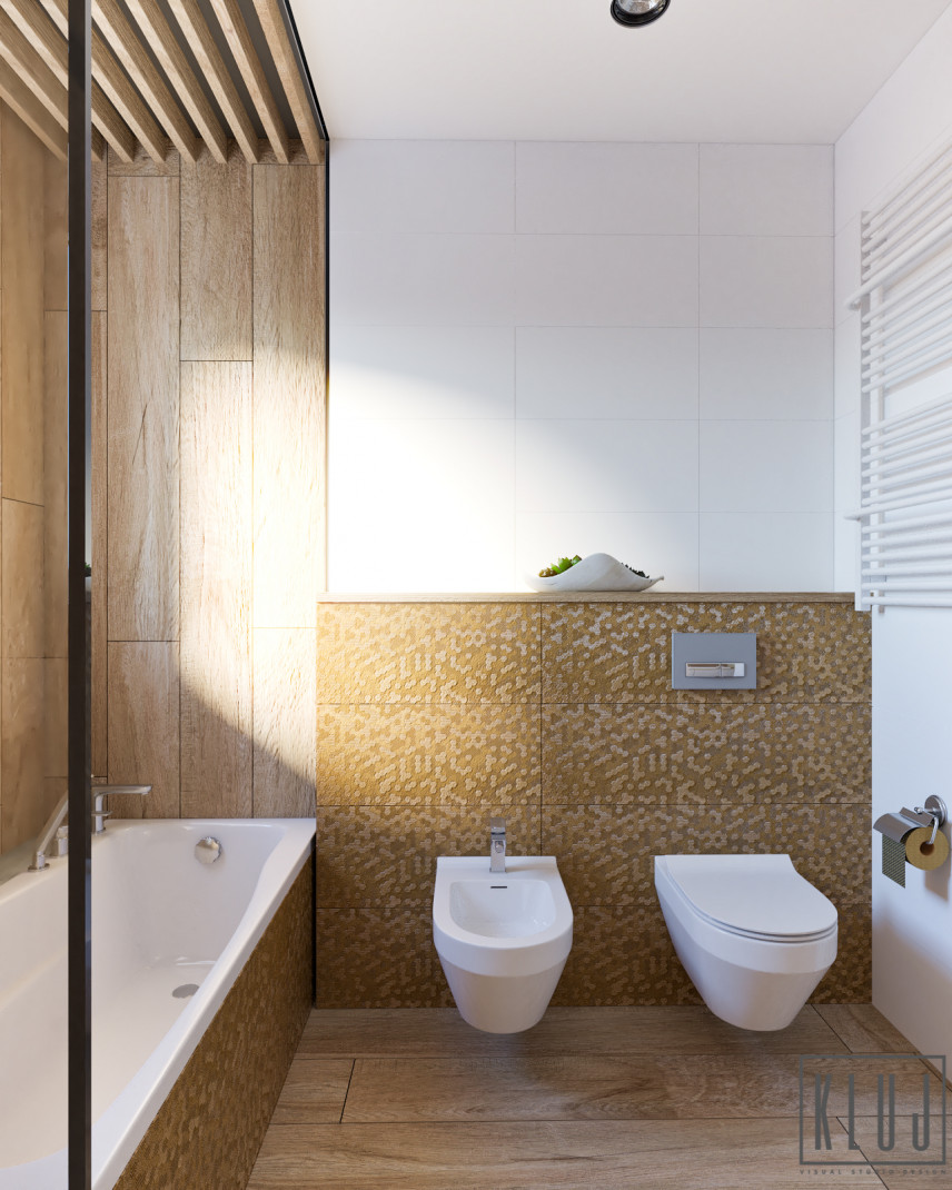 Projekt łazienki w stylu skandynawskim z lamelem na suficie