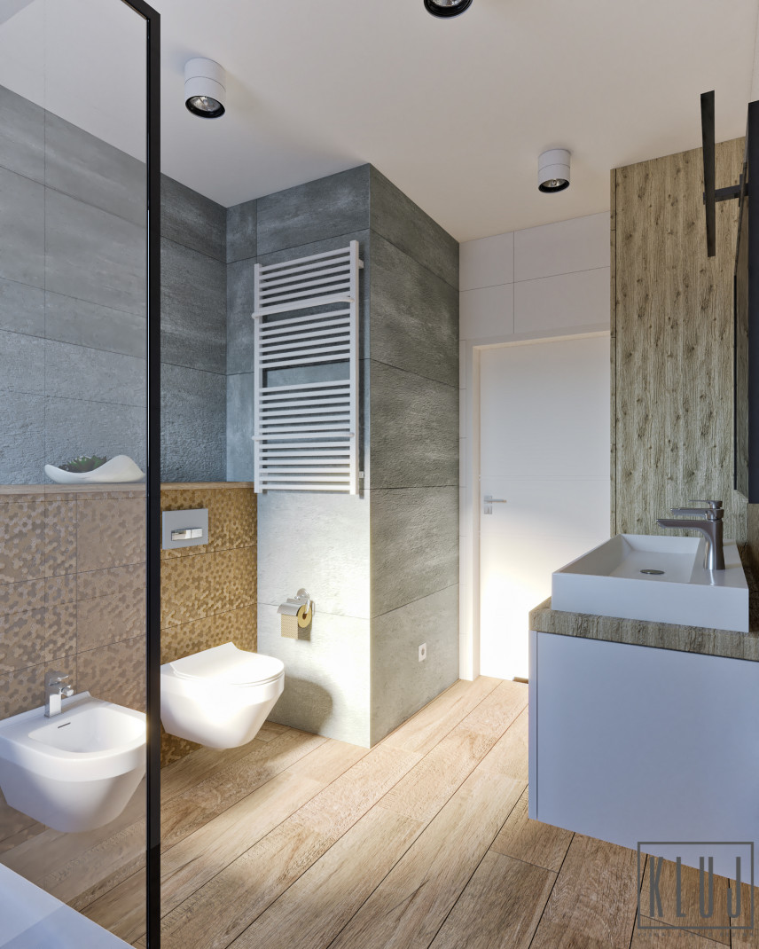 Projekt łazienki z szarymi płytkami na ścianie oraz z bidetem, muszlą wiszącą i prostokątnym zlewem nablatopwym