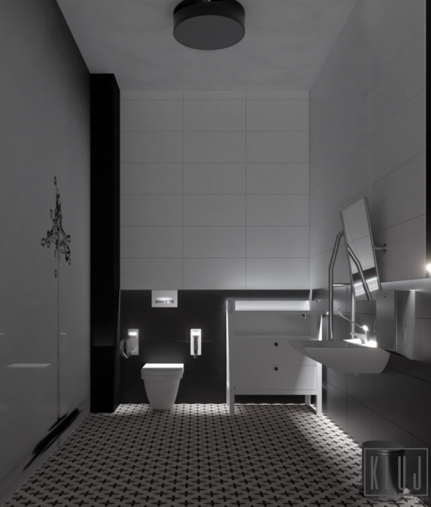 Projekt łazienki z czarno-białą podłogą