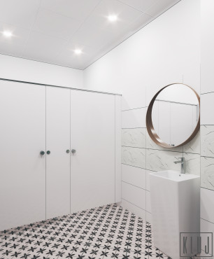 Biała łazienką ze stojącym, prostokątnym, ceramicznym zlewem