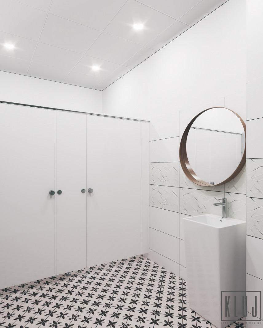 Biała łazienką ze stojącym, prostokątnym, ceramicznym zlewem