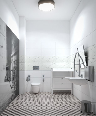 Projekt czarno-białej łazienki z plafonem na suficie