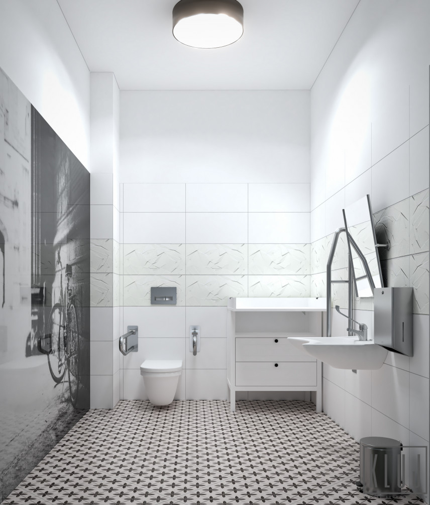Projekt czarno-białej łazienki z plafonem na suficie