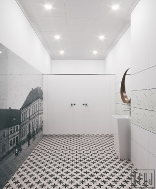 Projekt dużej czarno-białej łazienki z fototapetą na ścianie