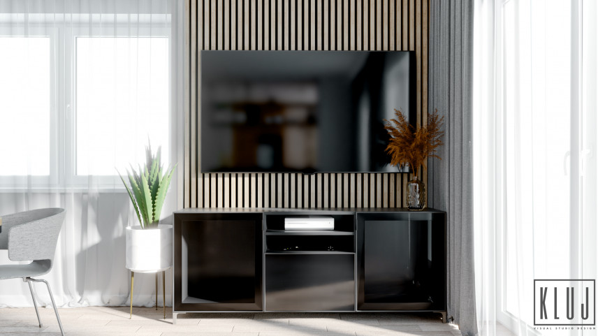 Salon z telewizorem zamontowanym na lamelu drewnianym