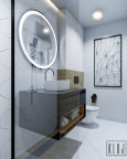 Projekt łazienki z szarą szafką wiszącą oraz z okrągłym lustrem z podświetleniem Led