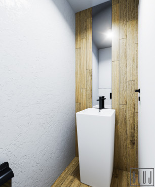 Projekt łazienki z prostokątnym, białym zlewem stojącym