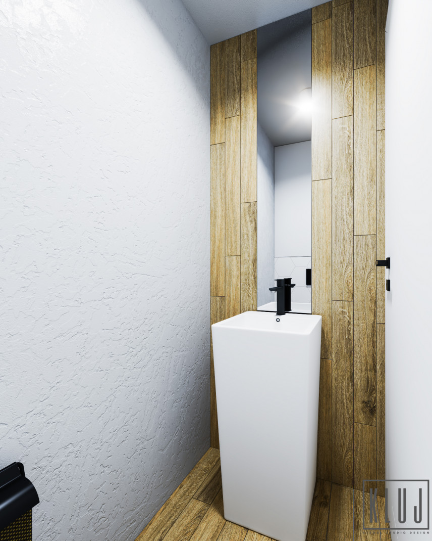Projekt łazienki z prostokątnym, białym zlewem stojącym