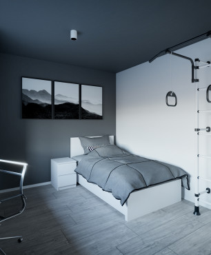 Projekt nowoczesnej, dużej sypialni z miejscem do ćwiczeń
