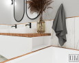 Projekt łazienki z białą szafką wiszącą z drewnianym blatem oraz z dwoma, okrągłymi zlewami