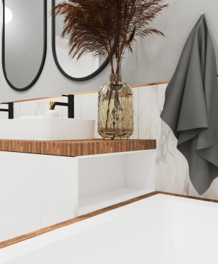 Projekt łazienki z białą szafką wiszącą z drewnianym blatem oraz z dwoma, okrągłymi zlewami