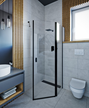 Projekt łazienki z prysznicem narożnym, z odpływem liniowym oraz z oknem