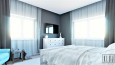 Projekt dużej sypialni z białą komodą i z łóżkiem kontynentalnym oraz z szarym kolorem ścian