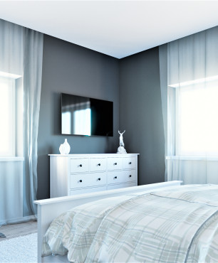 Projekt dużej sypialni z białą komodą i z łóżkiem kontynentalnym oraz z szarym kolorem ścian