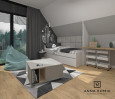 Pokój dla nastolatka na poddaszu z dużym oknem, biurkiem, łóżkiem i workiem sako