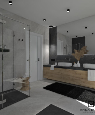 Łazienka z prysznicem, dużym prostokątnym lustrem i drewnianymi dodatkami