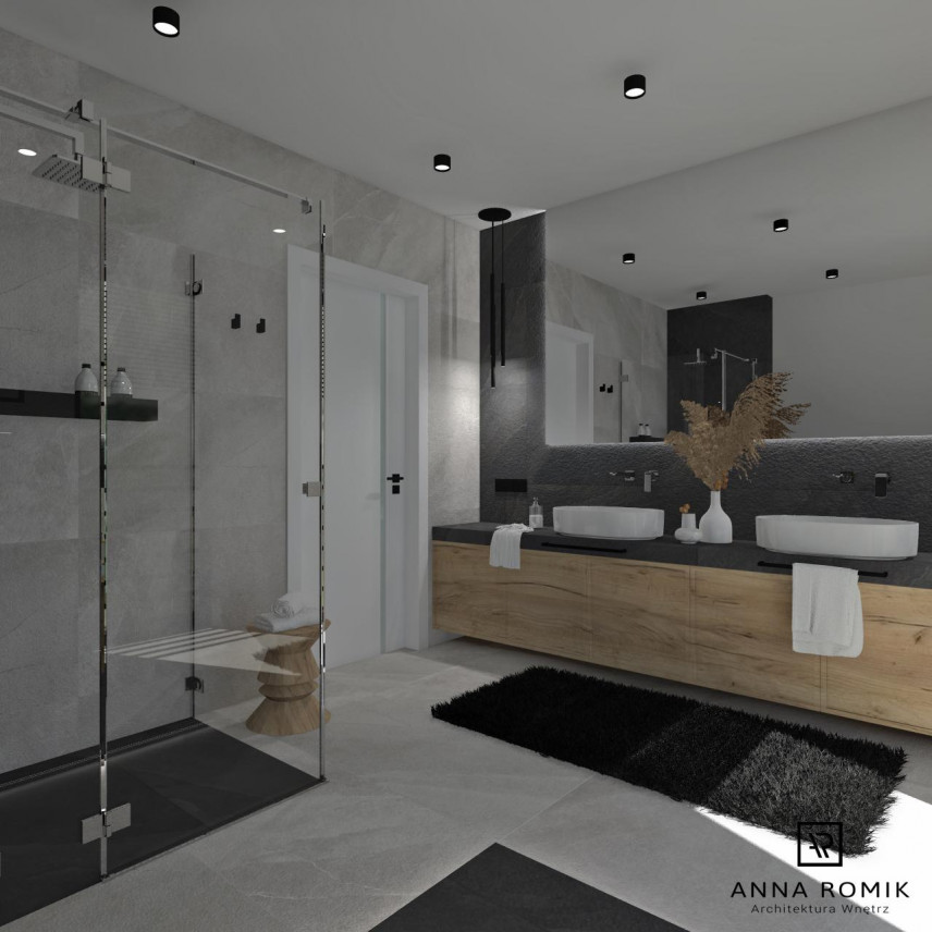 Łazienka z prysznicem, dużym prostokątnym lustrem i drewnianymi dodatkami