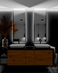 Projekt łazienki z dwoma, prostokątnymi zlewami nablatowymi stojącymi oraz dwoma prostokątnymi lustrami