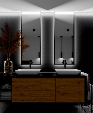 Projekt łazienki z dwoma, prostokątnymi zlewami nablatowymi stojącymi oraz dwoma prostokątnymi lustrami