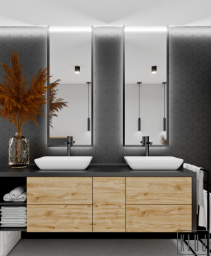 Projekt nowoczesnej łazienki z drewnianą szafką wiszącą z czarnym, laminowanym blatem