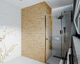 Projekt łazienki z prysznicem z odpływem liniowym oraz dużą szafką z drewnianym frontem