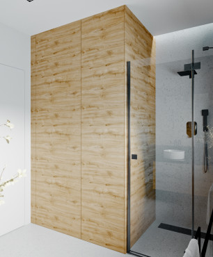 Projekt łazienki z prysznicem z odpływem liniowym oraz dużą szafką z drewnianym frontem