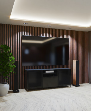 Salon z telewizorem na drewnianej ścianie