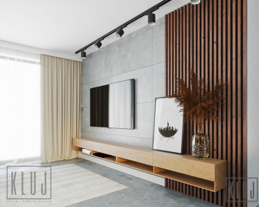 Projekt salonu z ozdobnym betonem architektonicznym na ścianie oraz z drewnianym lamelem