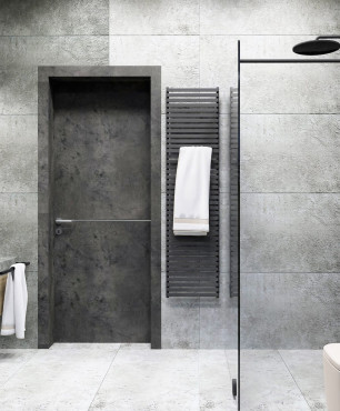 Projekt łazienki z prysznicem walk-in oraz szarymi, dużymi płytkami na ścianie i podłodze