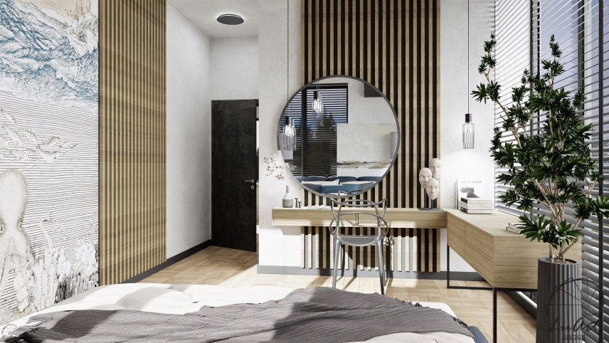 Toaletka w sypialni z drewnianymi lamelami na ścianie