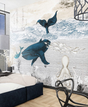 Projekt sypialni z morską tapetą na ścianie oraz z drewnianym lamelem