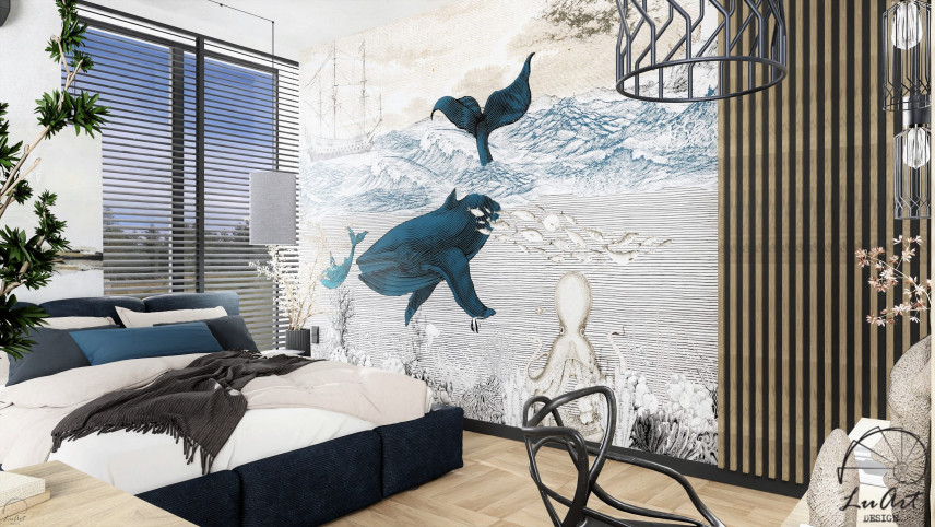 Projekt sypialni z morską tapetą na ścianie oraz z drewnianym lamelem
