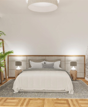 Projekt sypialni z tapicerowanym zagłówkiem oraz z tapetą na ścianie