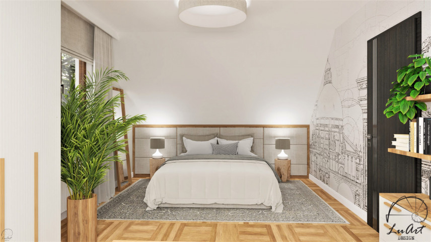 Projekt sypialni z tapicerowanym zagłówkiem oraz z tapetą na ścianie