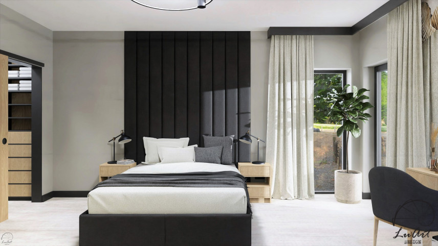 Sypialnia z tapicerowanym łóżkiem kontynentalnym oraz drewnianymi szafkami nocnymi