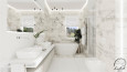 Łazienka z białymi gresowymi płytkami z szarym spiekiem kwarcowym oraz z oknem, wanną owalną wolnostojącą